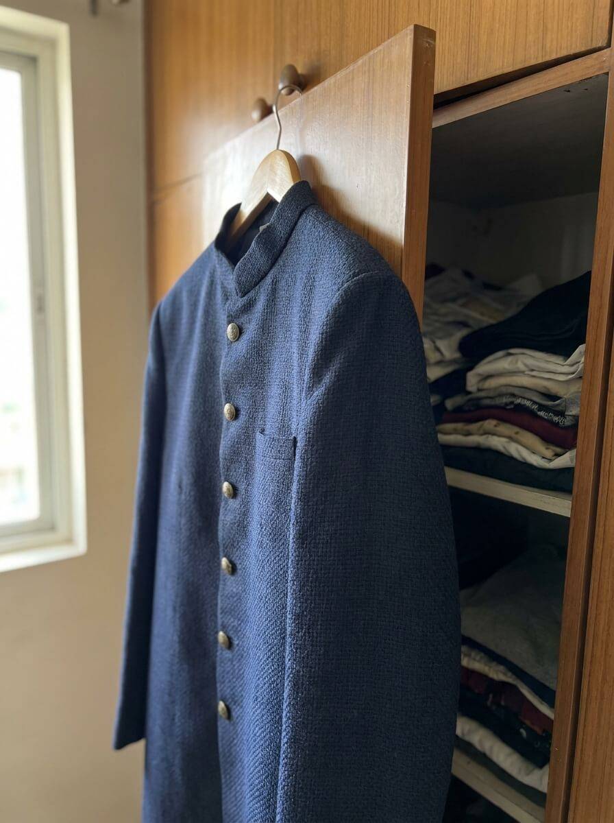 Navy sherwani with antique brass buttons, chest 40 · Excellent