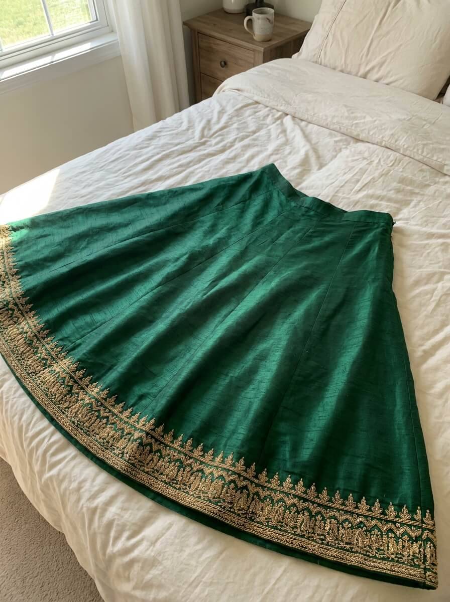 Emerald raw silk lehenga with gold zardozi, size 10 · Excellent