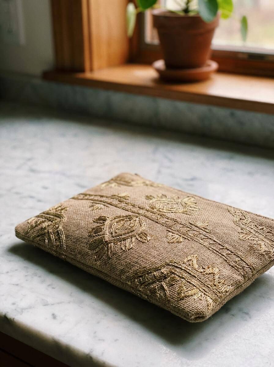Tan embroidered clutch bag with gold clasp · Excellent