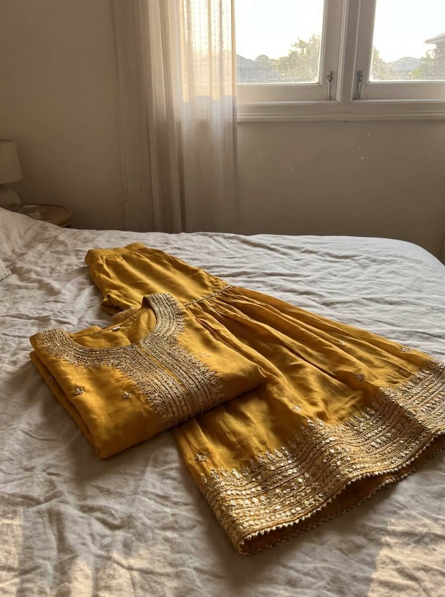 Mustard sharara set with gota patti, size 10 · Excellent