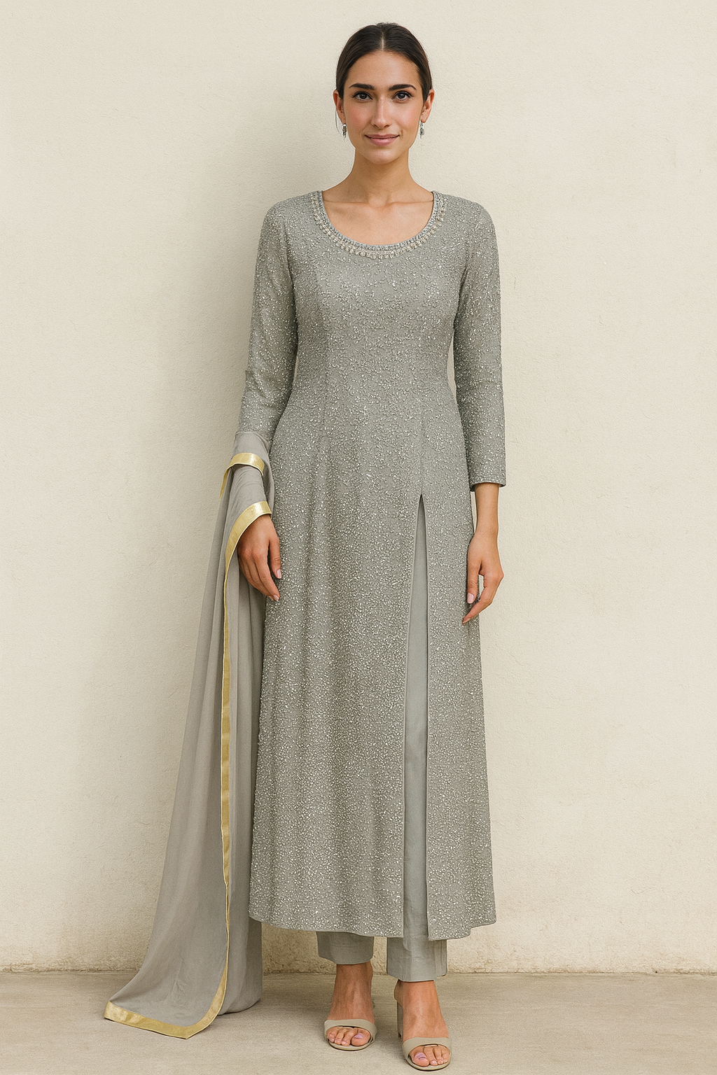 Elegant Silver Embellished Three-Piece Suit