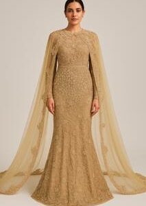Golden Embellished Evening Dress with Cape