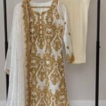 Golden Elegance – White Chiffon & Embroidered Kameez Set