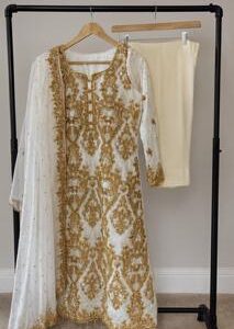 Golden Elegance – White Chiffon & Embroidered Kameez Set