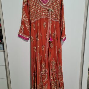 Beautiful terracotta embellished long dress with matching trousers and dupatta