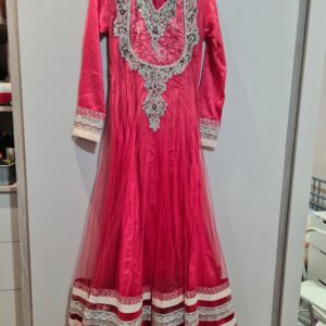 Beautiful coral anarkali dress with churidaar trousers and dupatta