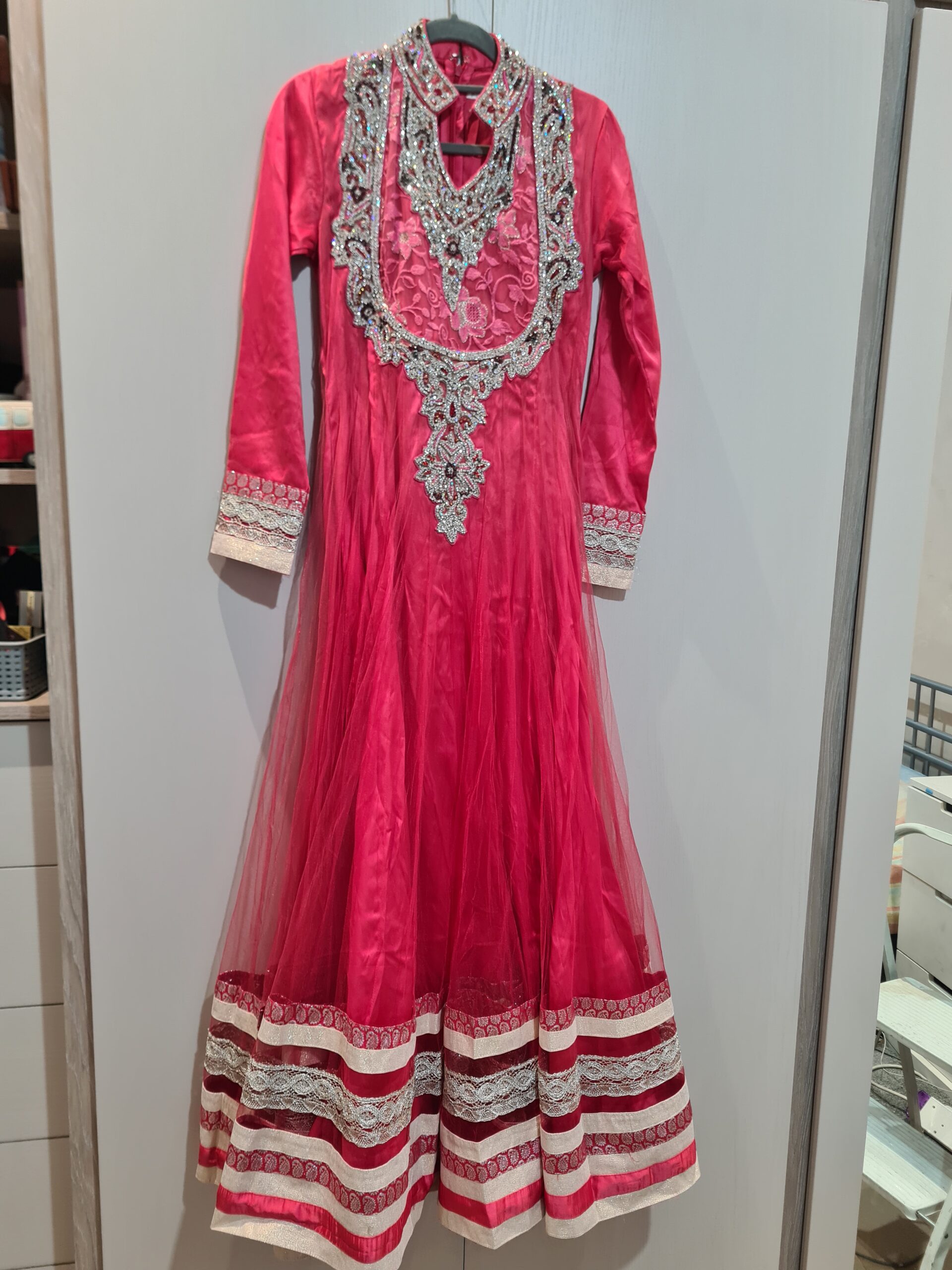Beautiful coral anarkali dress with churidaar trousers and dupatta