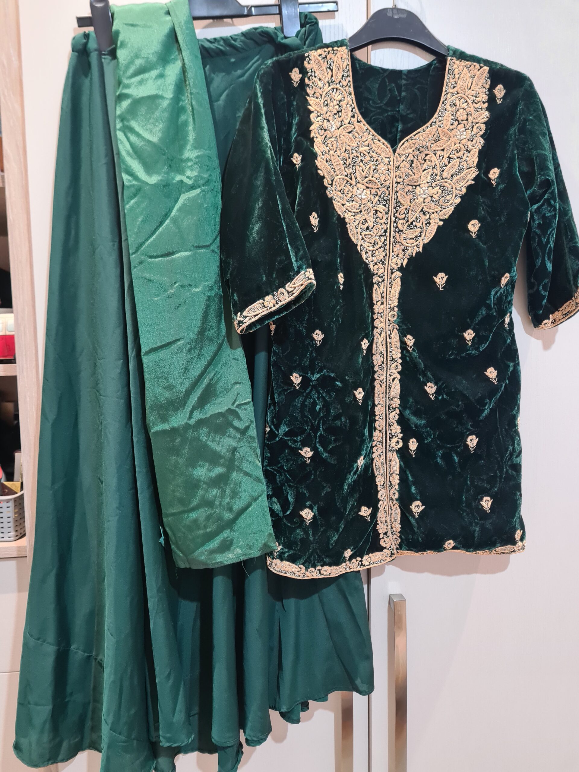 Beautiful Dark green velvet lengha suit