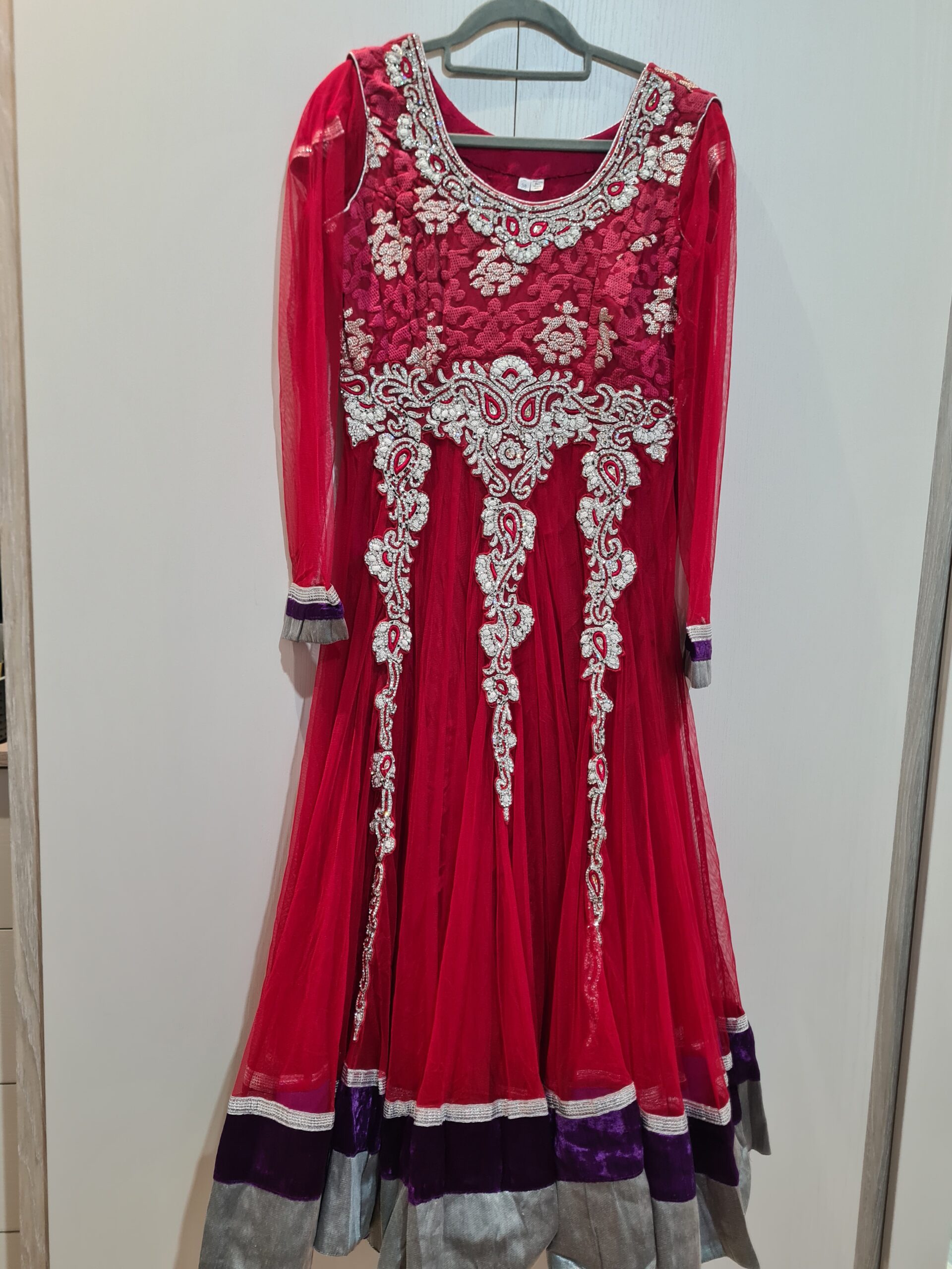Beautiful red anarkali dress with churidaar trousers and dupatta